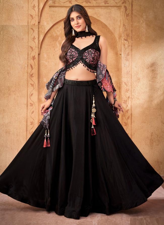 Crepe Black Party Wear Embroidery Work Ready To Wear Lehenga Choli